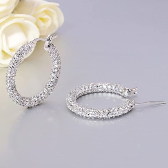 14K White Gold Sterling Silver with White Diamond Cubic Zirconia Hoop Earrings - Picture 3 of 6